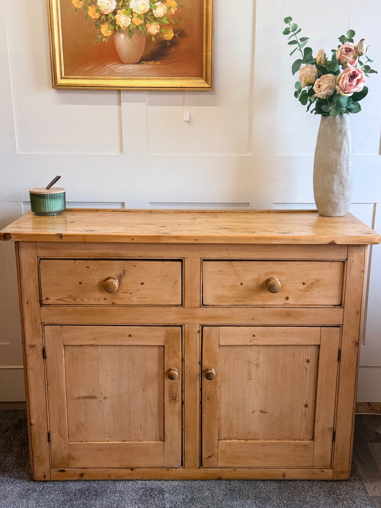 Rustic antique pine 2-drawer dresser base