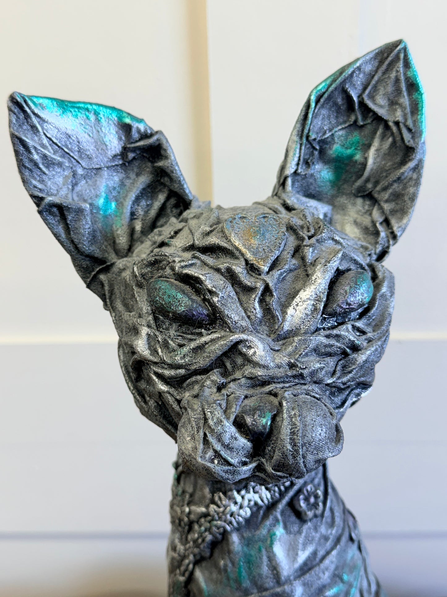 20” Handcrafted Sphynx Cat Powertex Fabric Sculpture Grey Silver Metallic Green