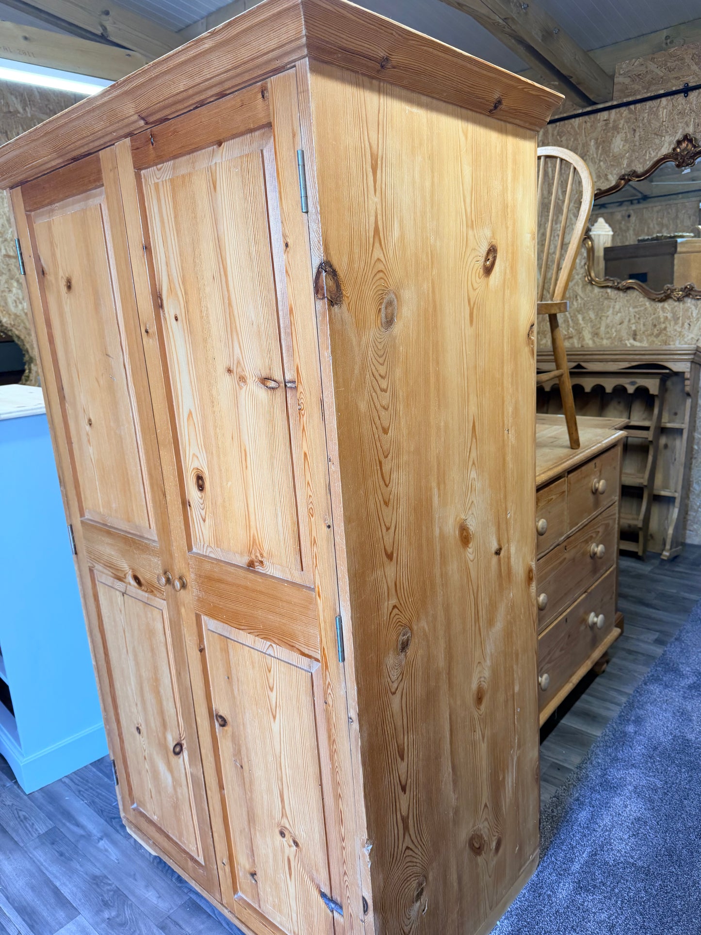 Antique rustic farmhouse style pine double wardrobe