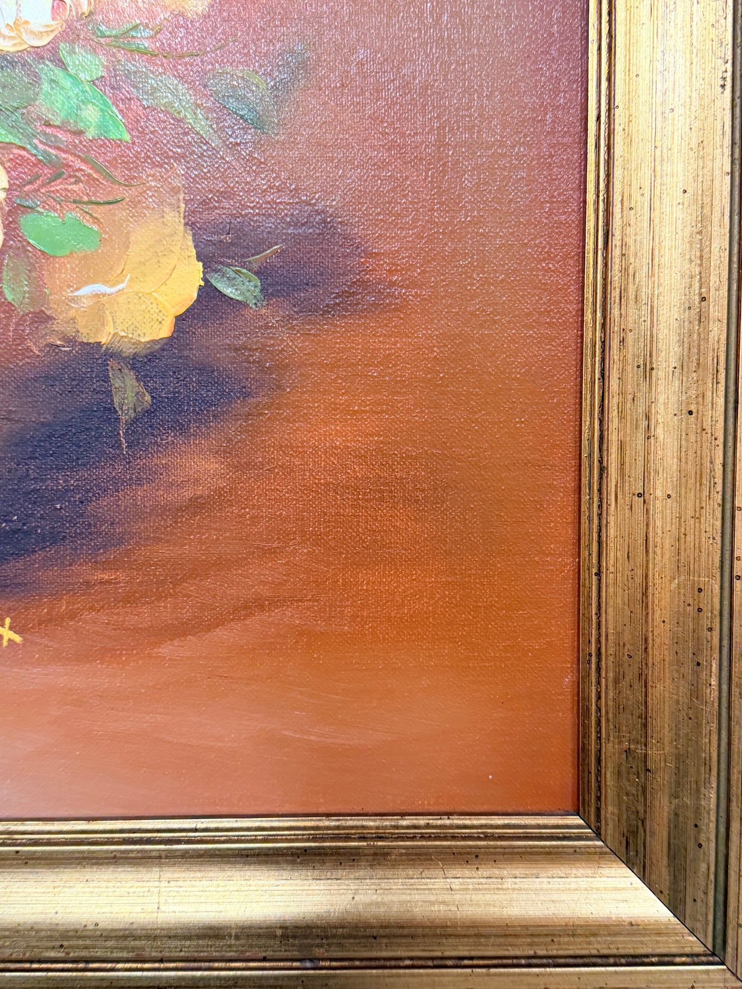Floral vintage oil painting by Robert Cox signed on board in gilt style frame