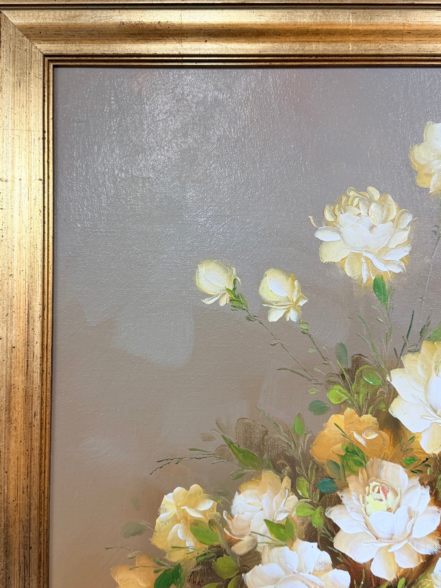 Floral vintage oil painting by Robert Cox signed on board in gilt style frame