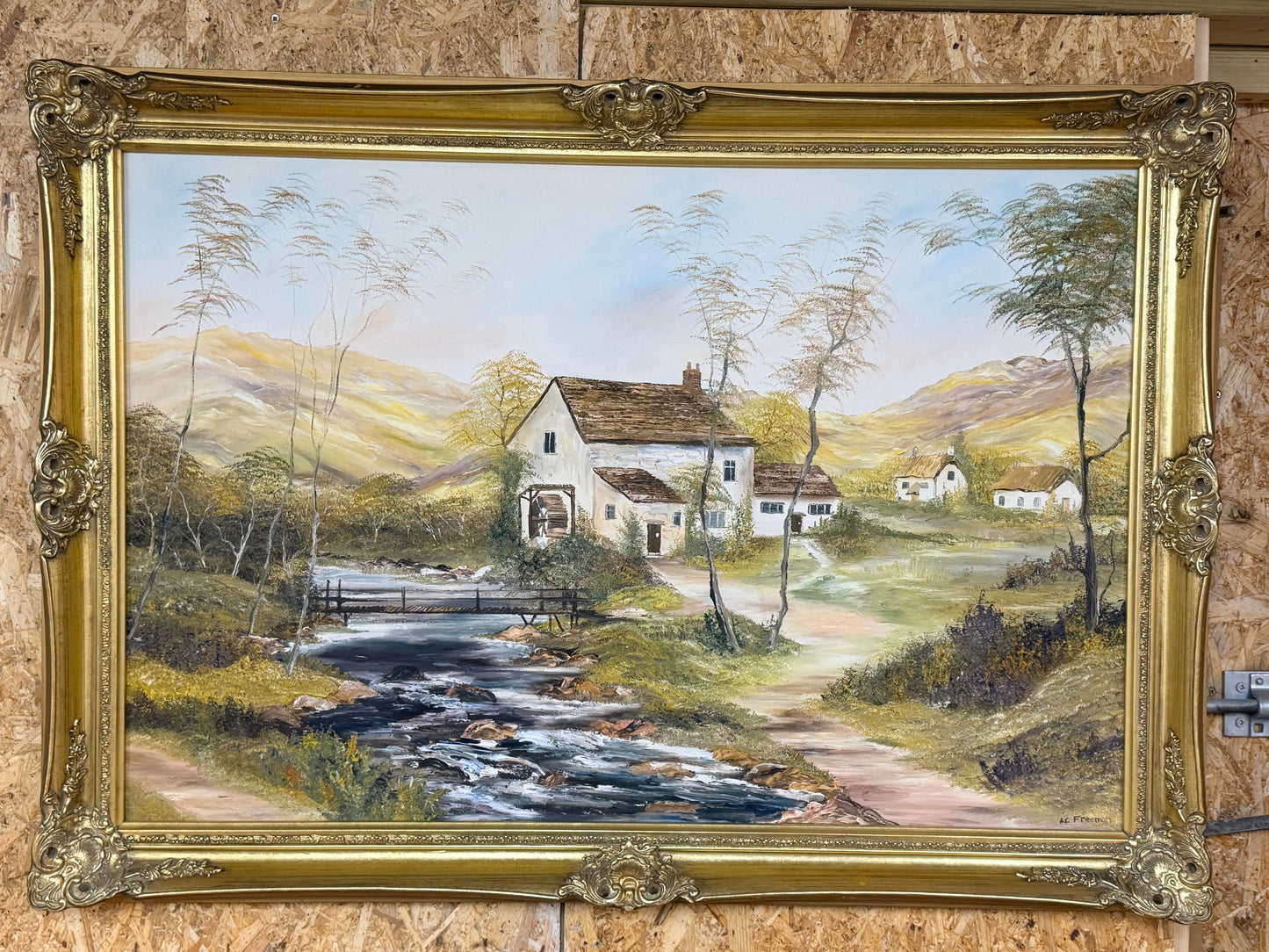 Large vintage oil painting on canvas framed in gold gilt frame signed by artist A C Freeman