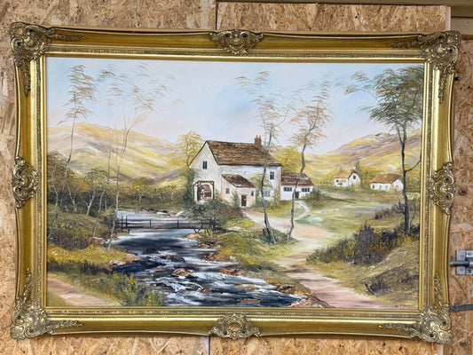 Large vintage oil painting on canvas framed in gold gilt frame signed by artist A C Freeman