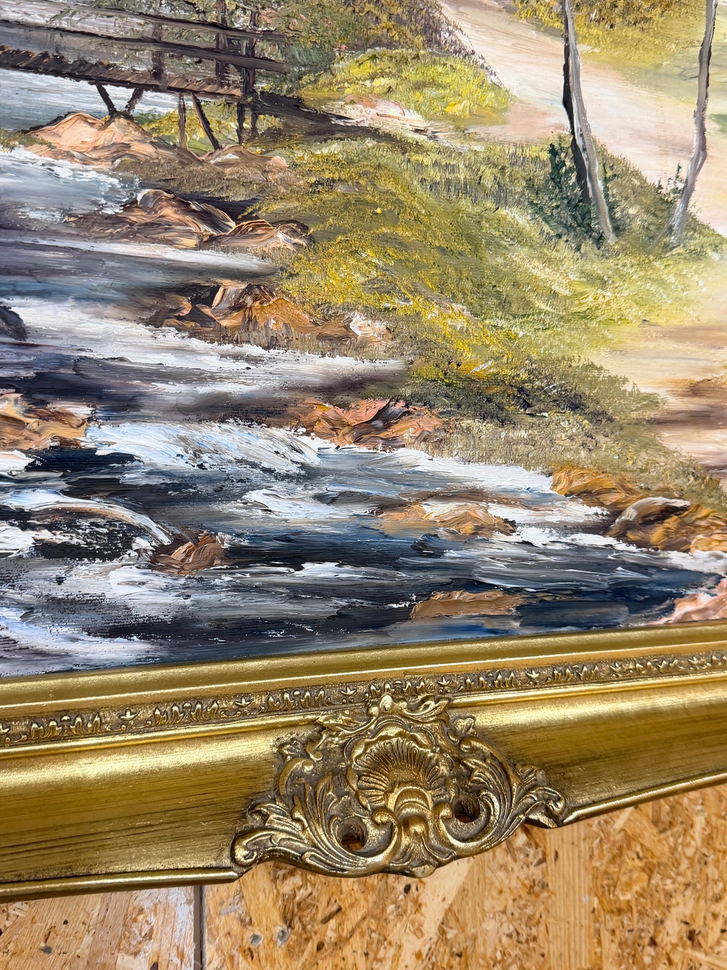 Large vintage oil painting on canvas framed in gold gilt frame signed by artist A C Freeman