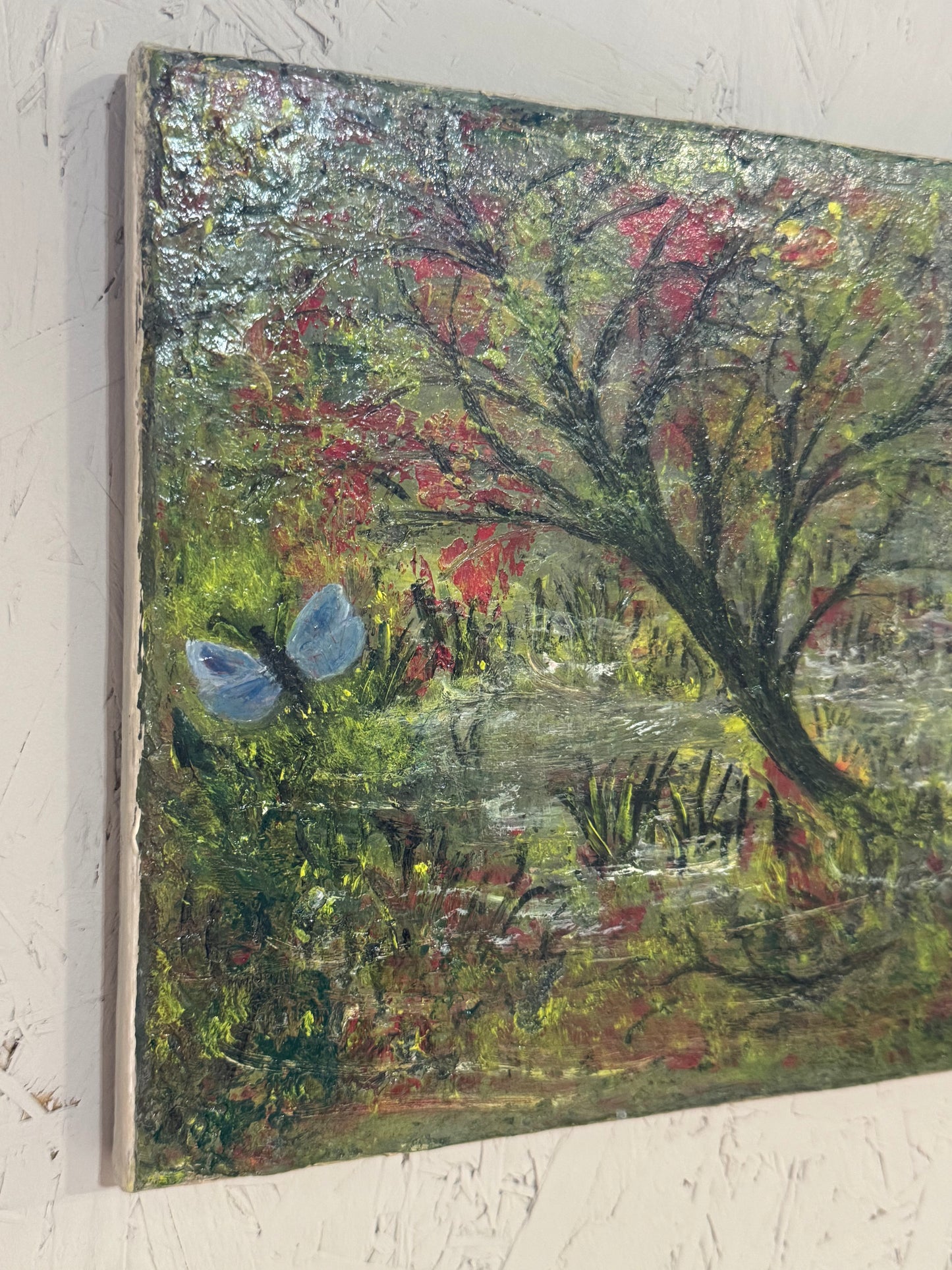 Oil painting signed and dated by artist tree blue butterfly green red