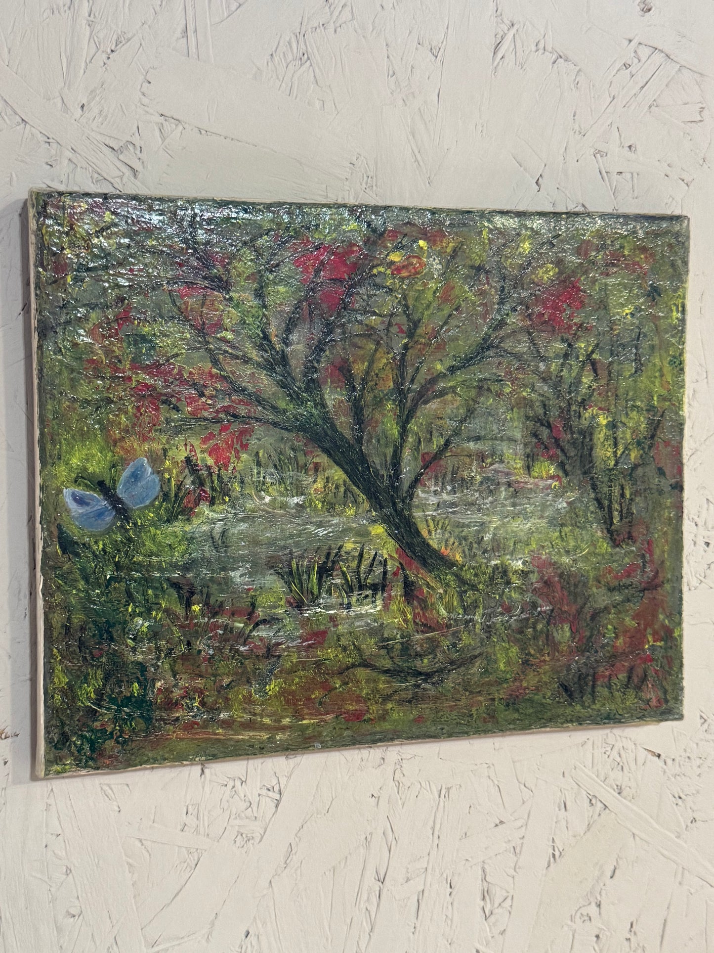Oil painting signed and dated by artist tree blue butterfly green red