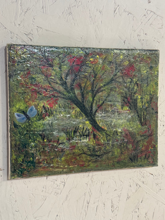 Oil painting signed and dated by artist tree blue butterfly green red