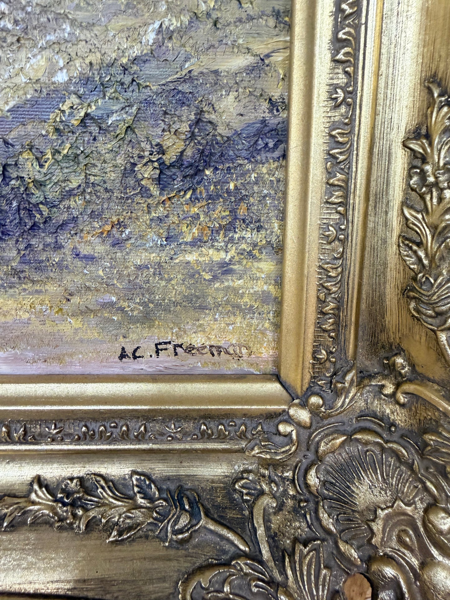 Large vintage oil painting on canvas framed in gold gilt frame signed by artist A C Freeman