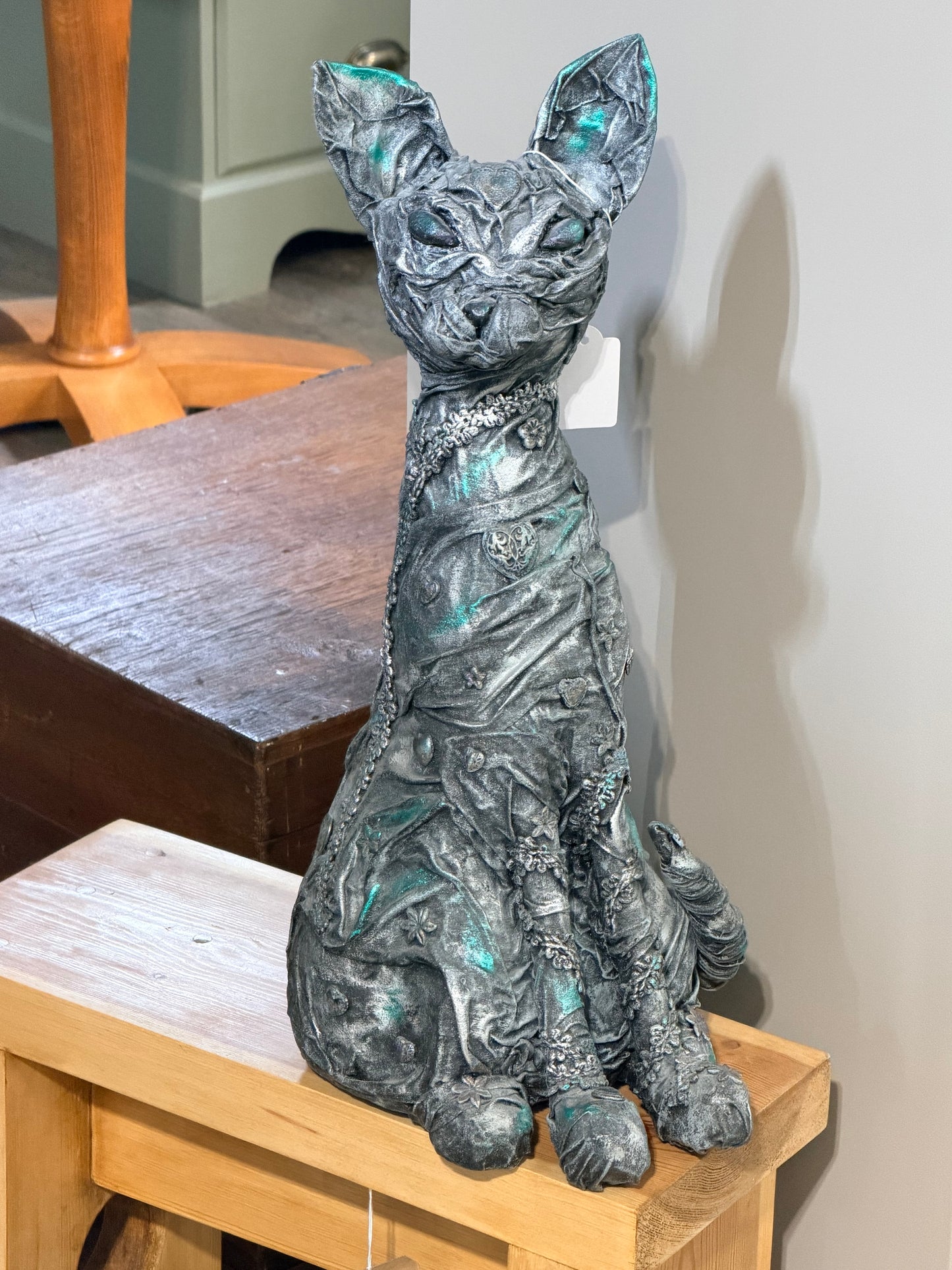20” Handcrafted Sphynx Cat Powertex Fabric Sculpture Grey Silver Metallic Green