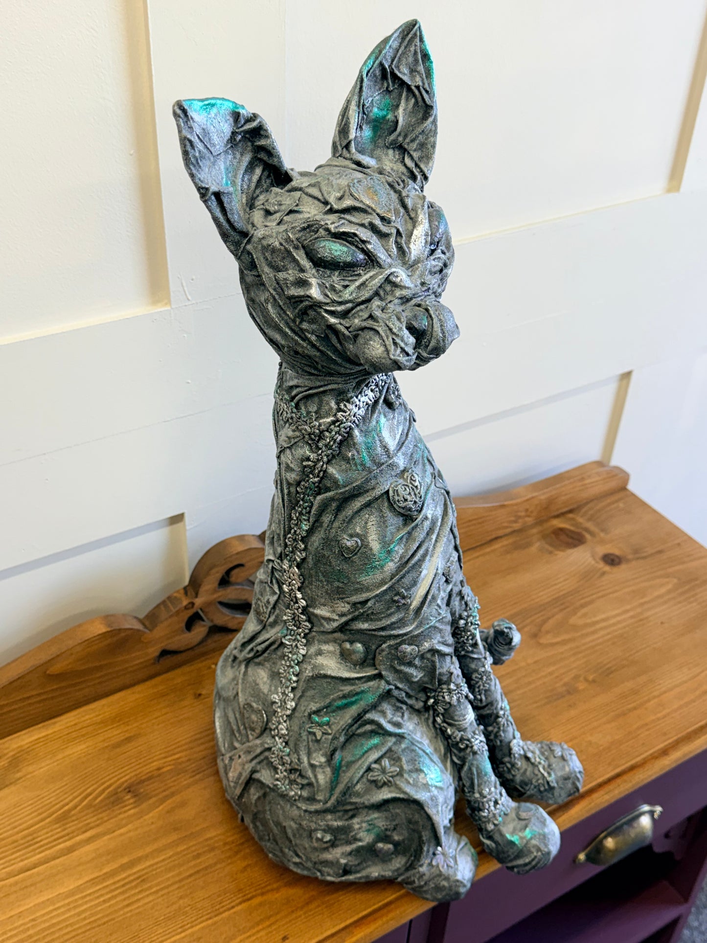 20” Handcrafted Sphynx Cat Powertex Fabric Sculpture Grey Silver Metallic Green