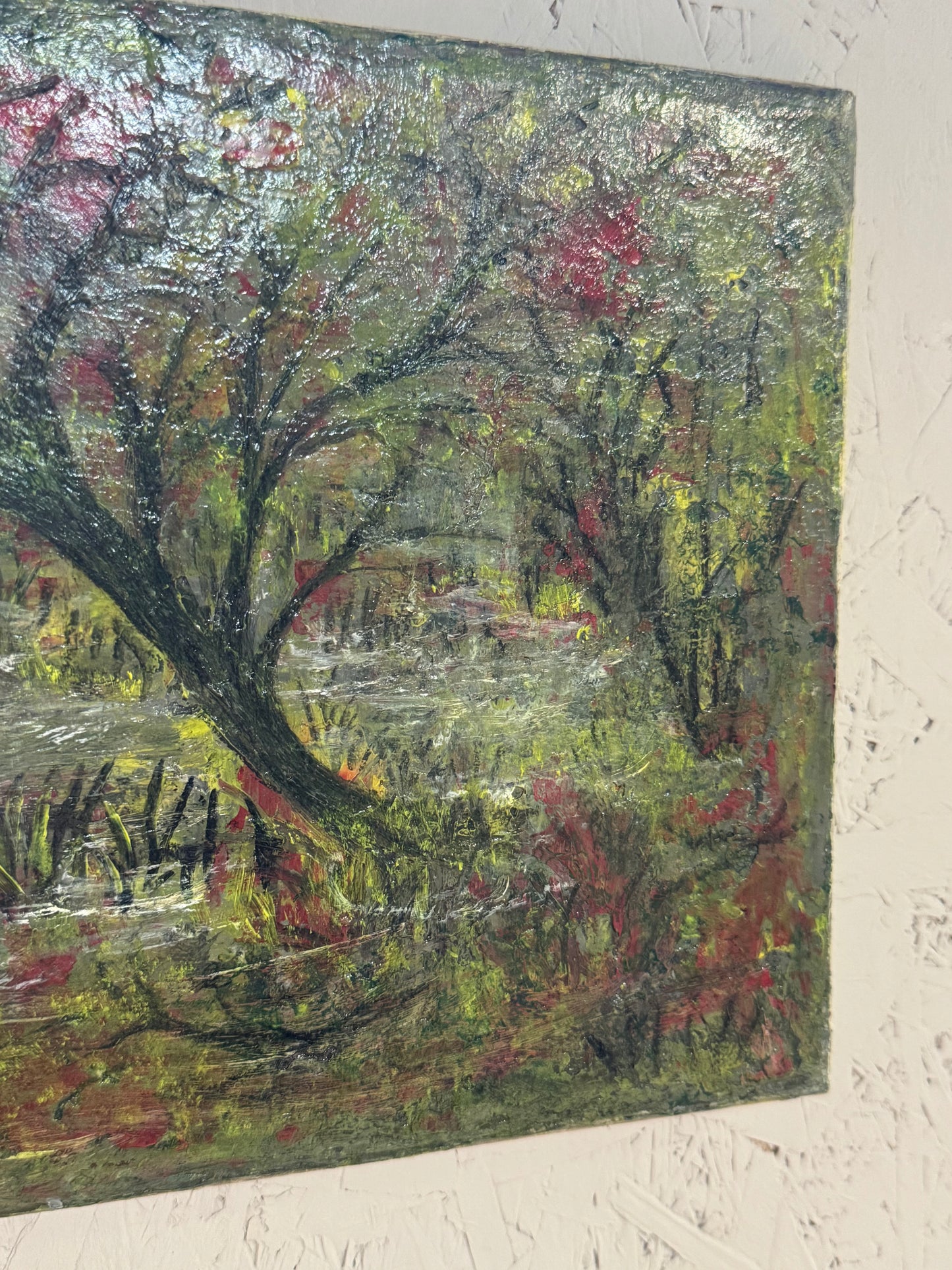 Oil painting signed and dated by artist tree blue butterfly green red