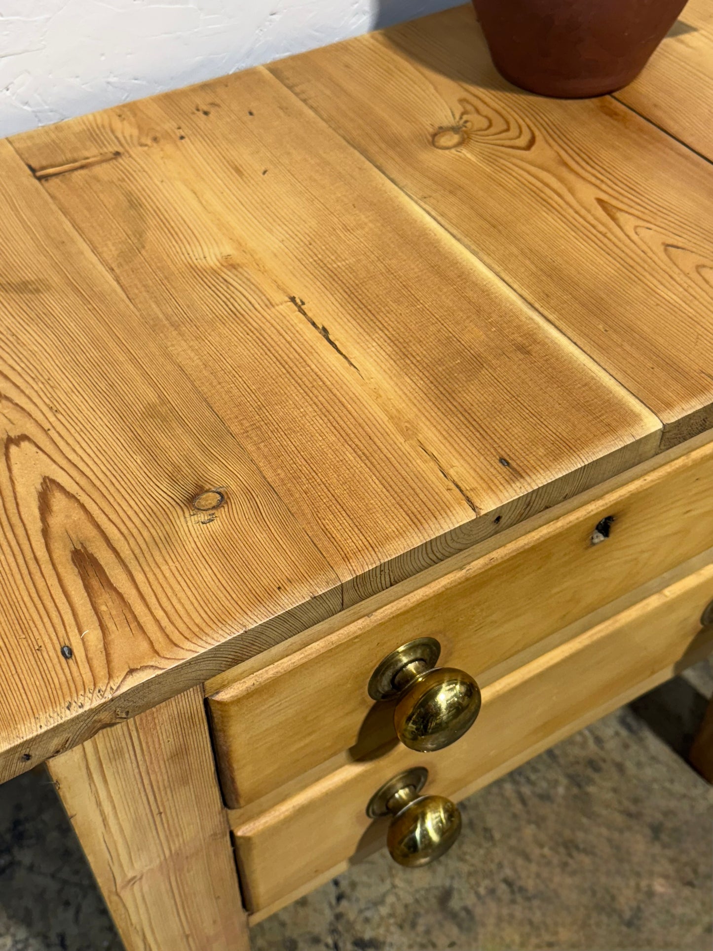 2 Drawer rustic pine table with brass handles