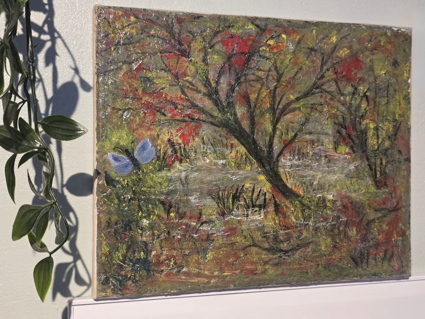 Oil painting signed and dated by artist tree blue butterfly green red