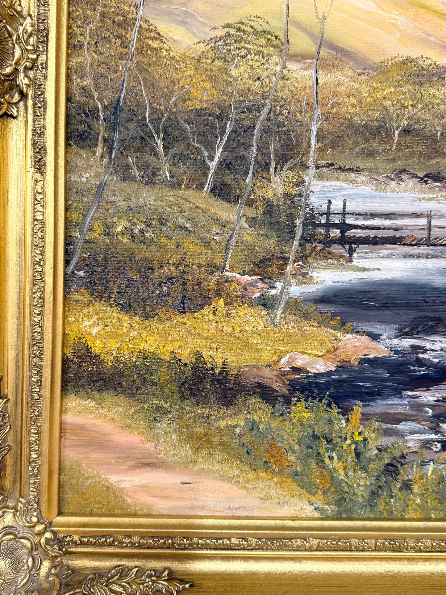 Large vintage oil painting on canvas framed in gold gilt frame signed by artist A C Freeman