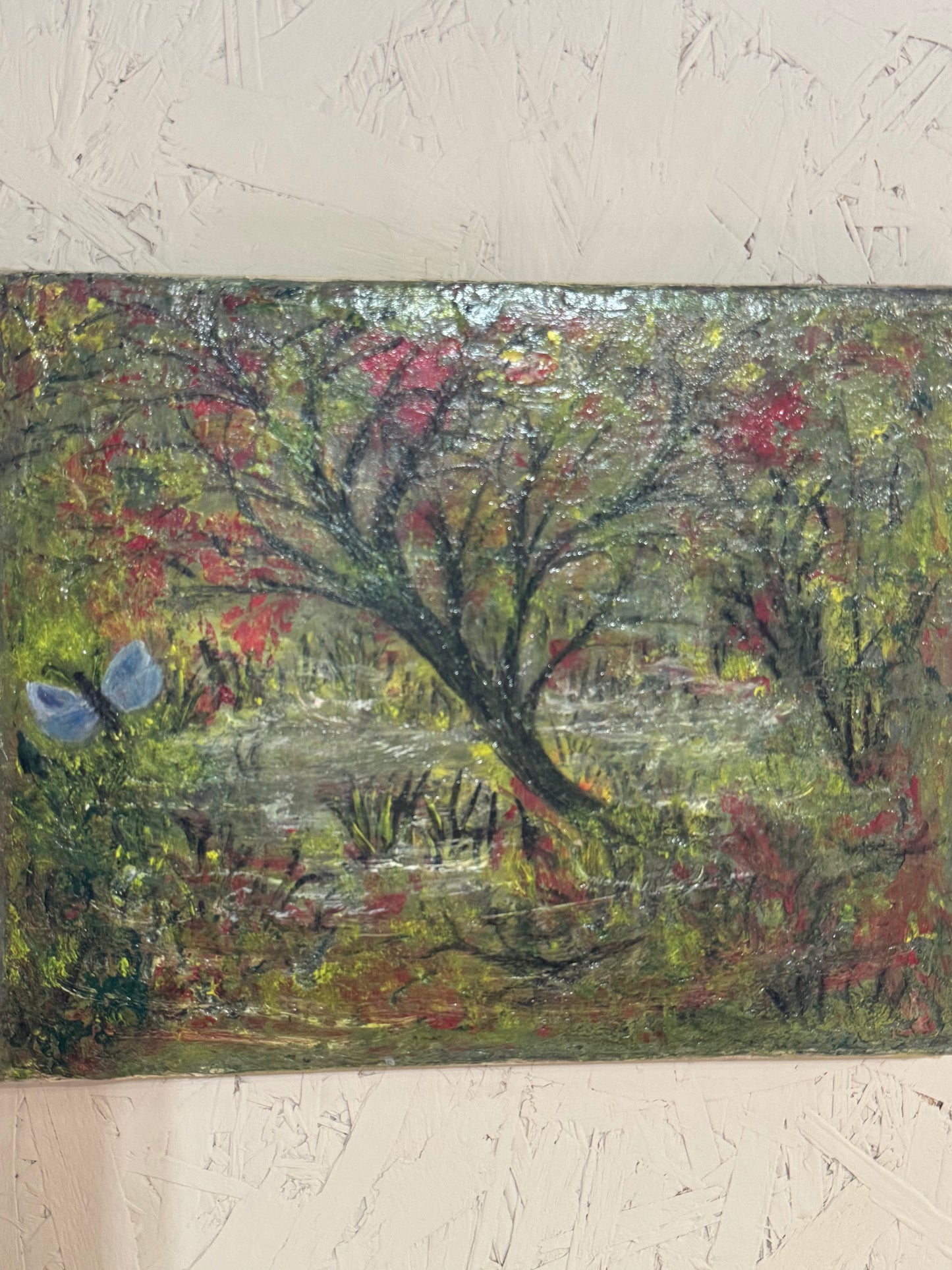 Oil painting signed and dated by artist tree blue butterfly green red