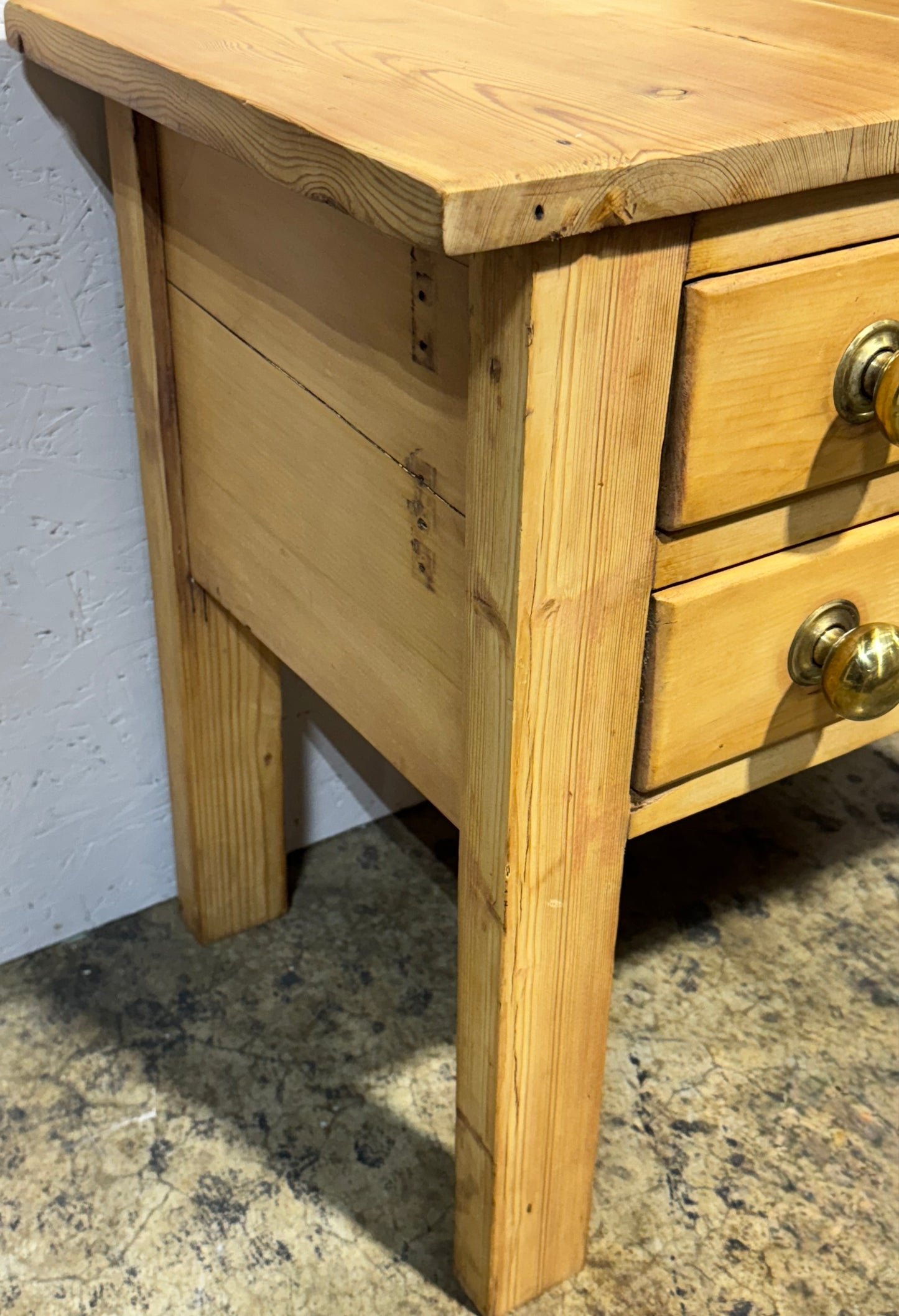 2 Drawer rustic pine table with brass handles