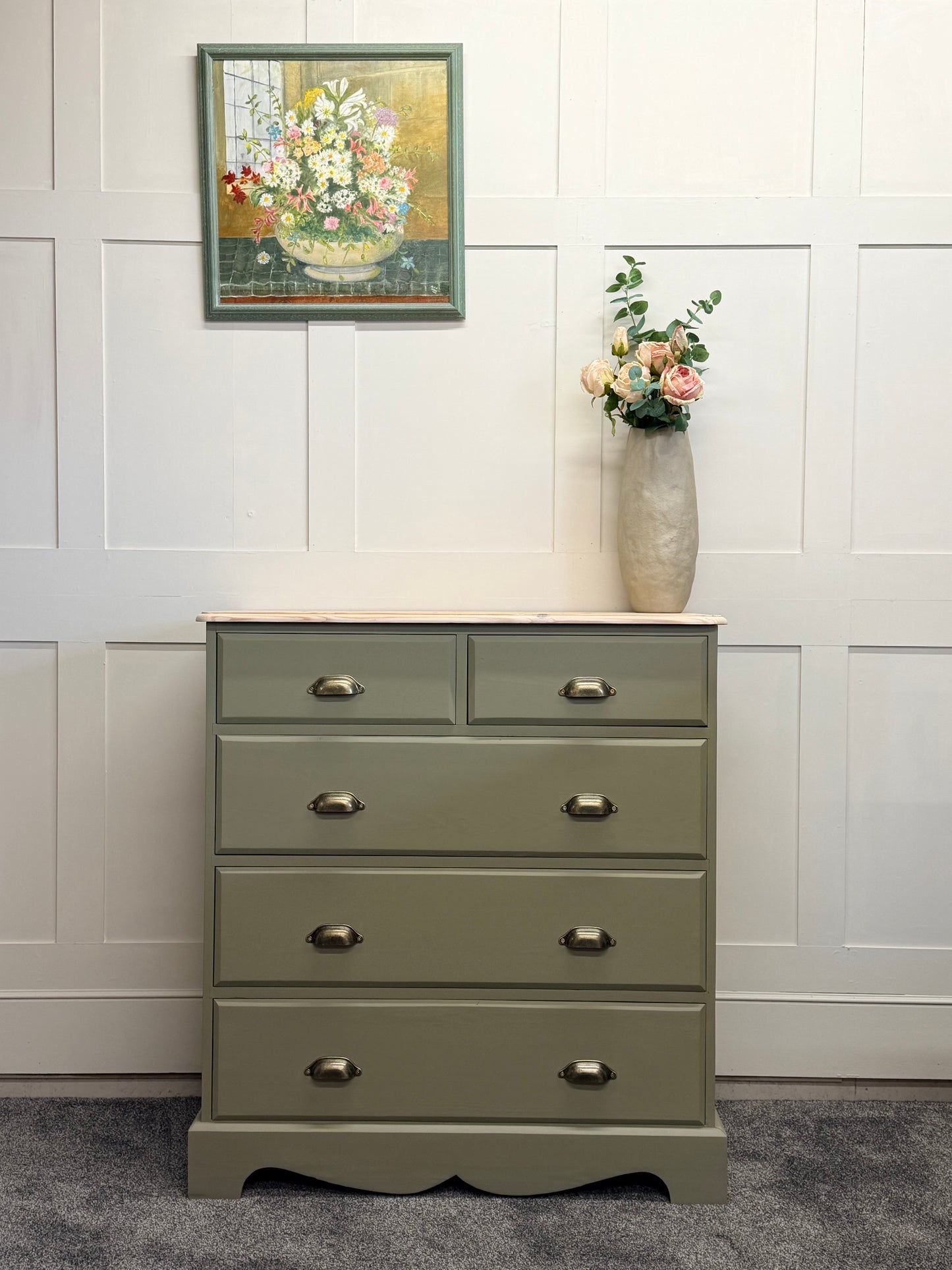 Solid 5-drawer chest painted in Frenchic Olivia