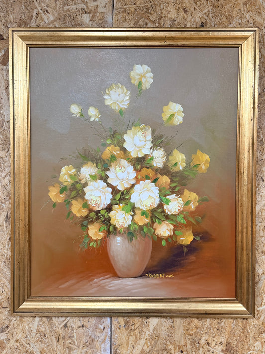Floral vintage oil painting by Robert Cox signed on board in gilt style frame