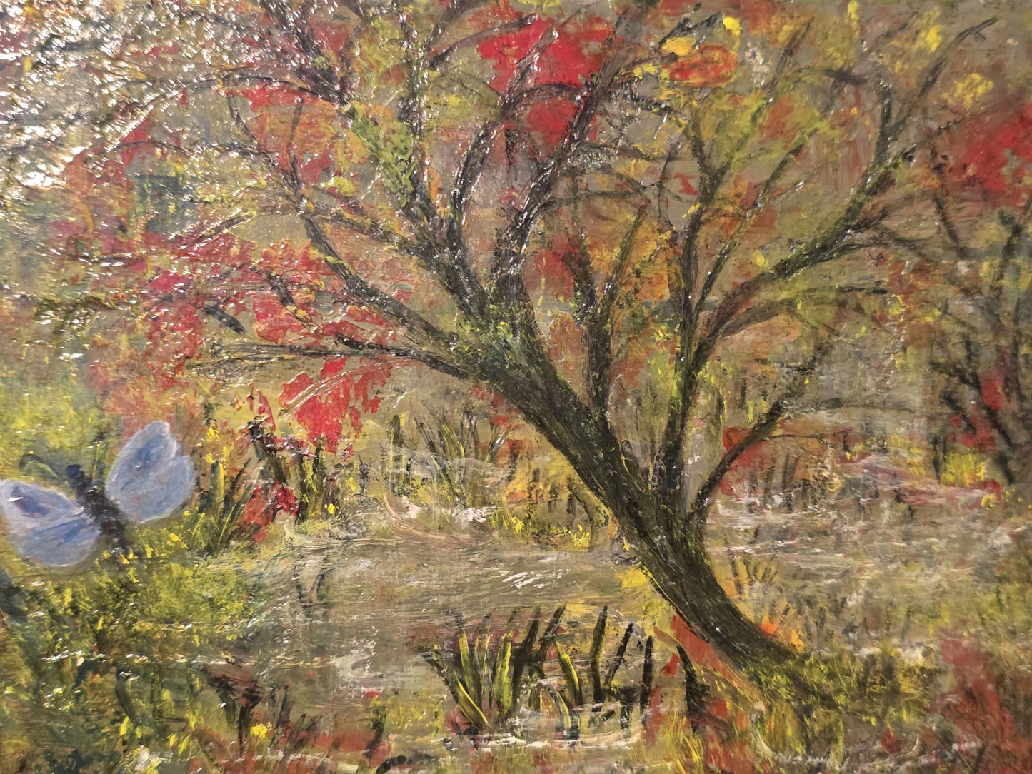 Oil painting signed and dated by artist tree blue butterfly green red