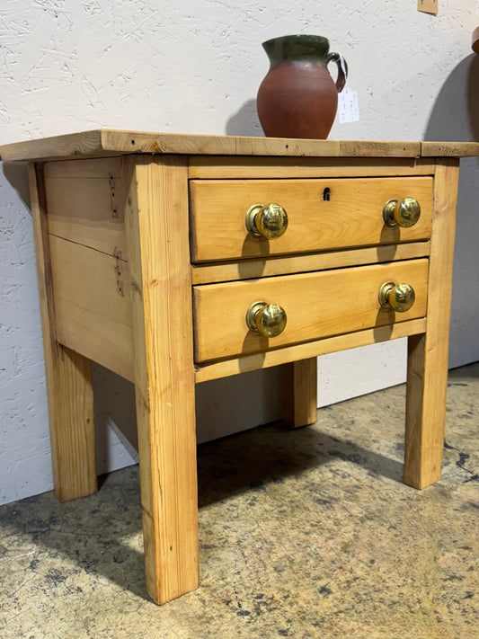 2 Drawer rustic pine table with brass handles