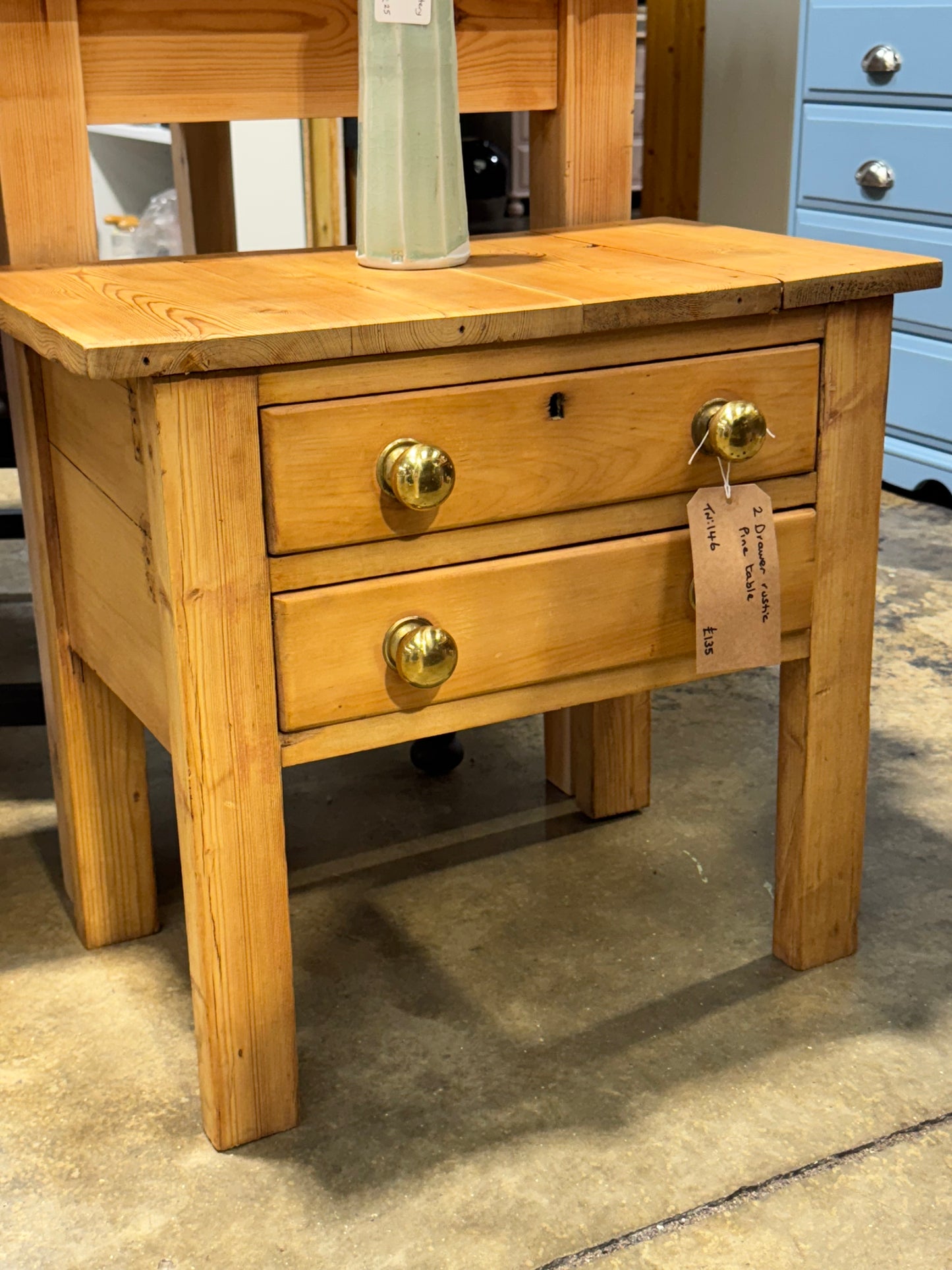 2 Drawer rustic pine table with brass handles