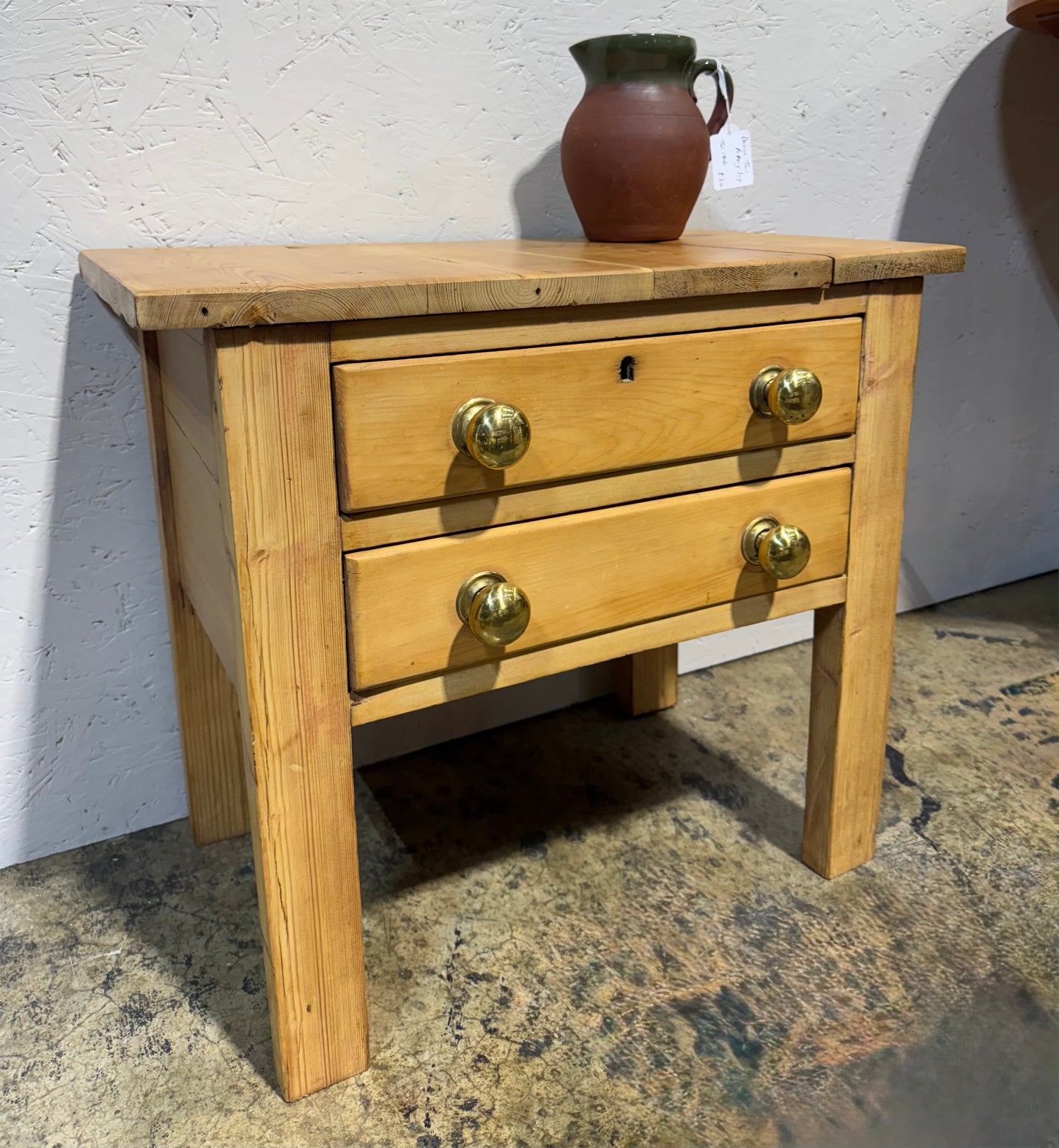 2 Drawer rustic pine table with brass handles