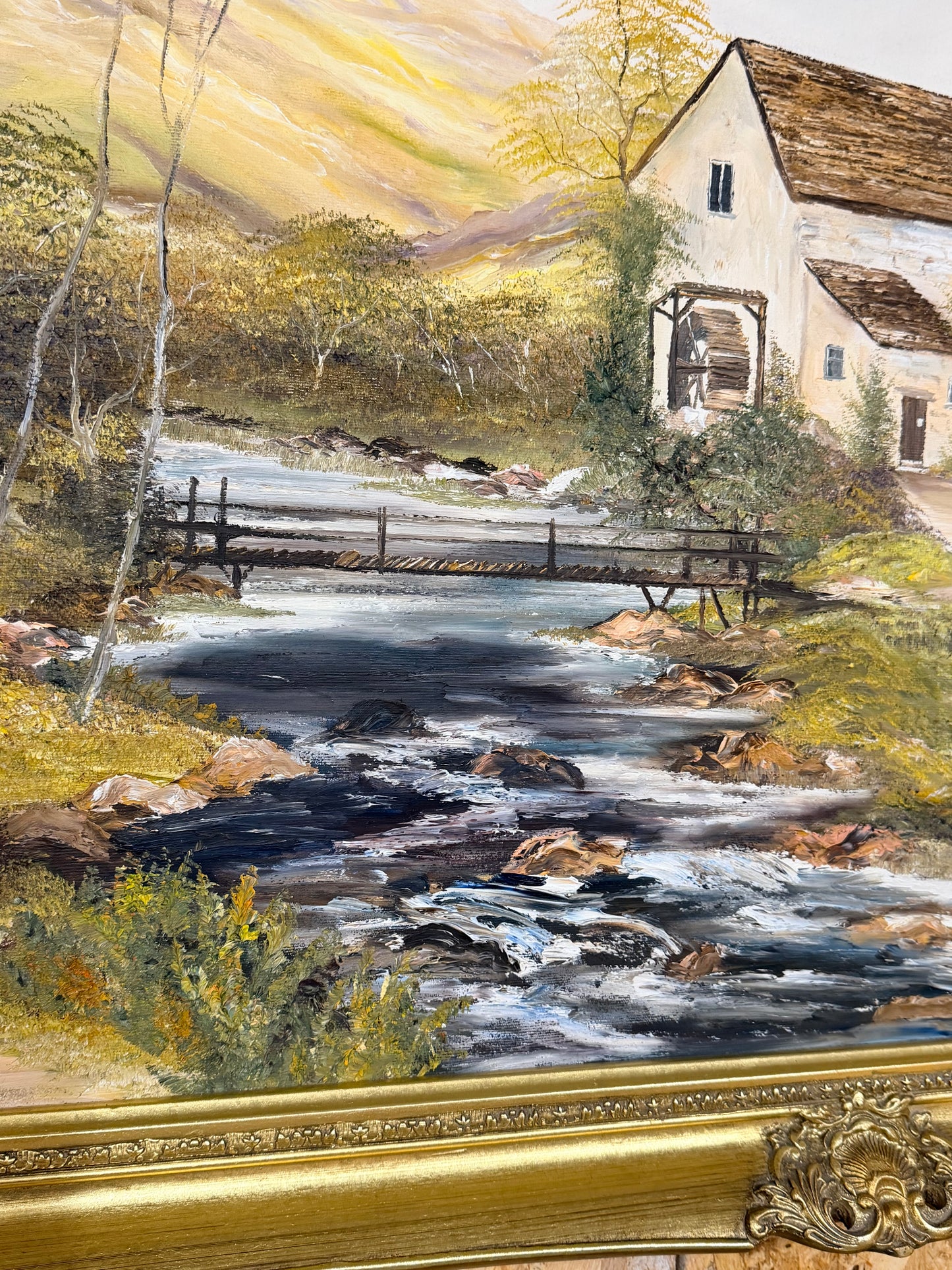Large vintage oil painting on canvas framed in gold gilt frame signed by artist A C Freeman