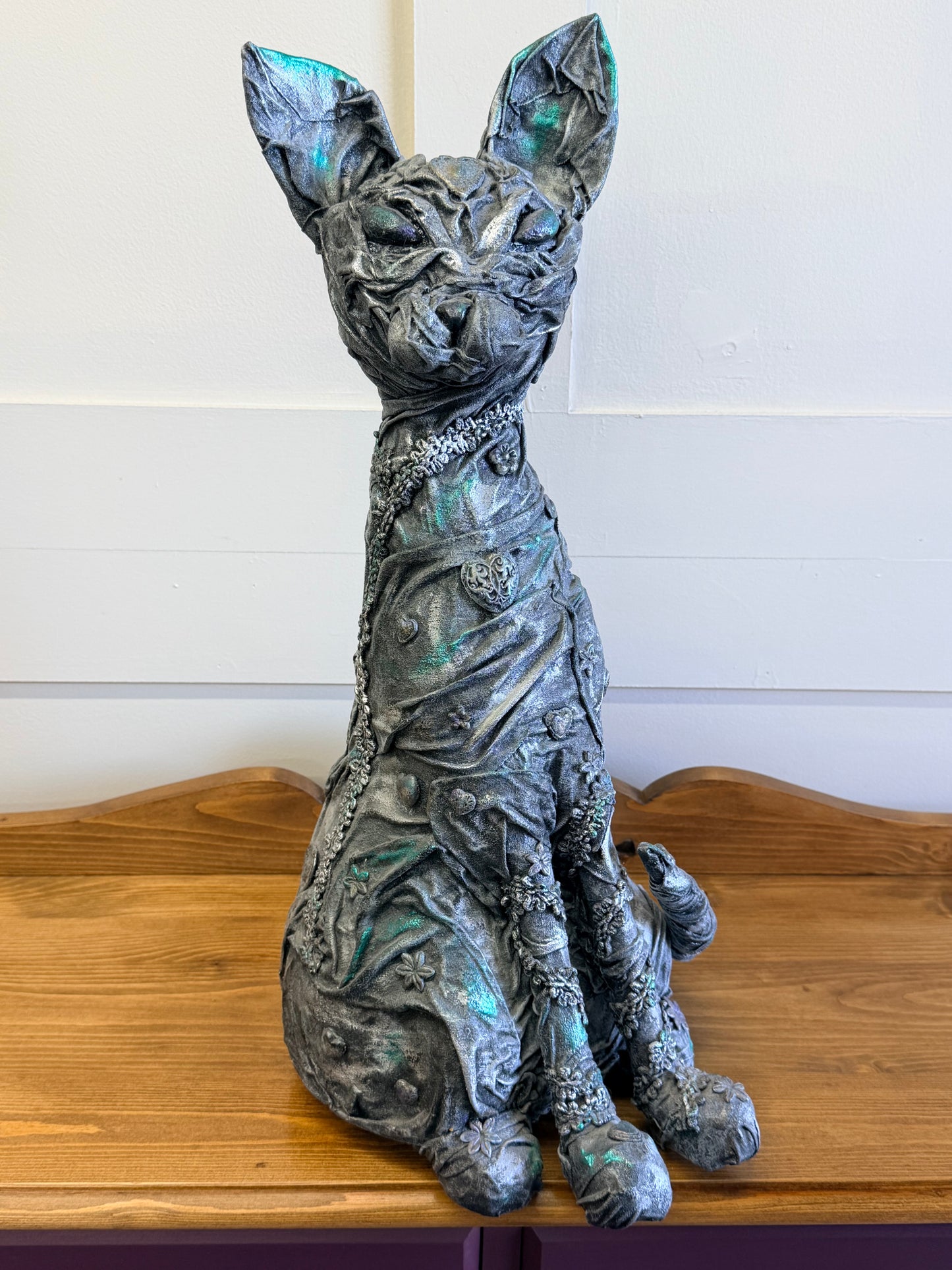 20” Handcrafted Sphynx Cat Powertex Fabric Sculpture Grey Silver Metallic Green