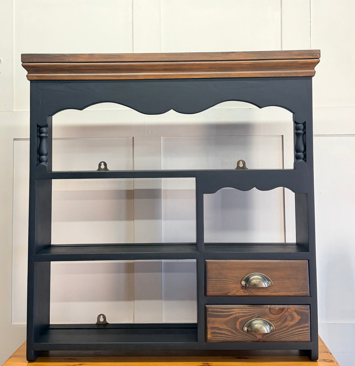 Restored Vintage Two-Tone Shelf Unit c/w drawers | Plate Rack – Frenchic Blackjack & Walnut coloured