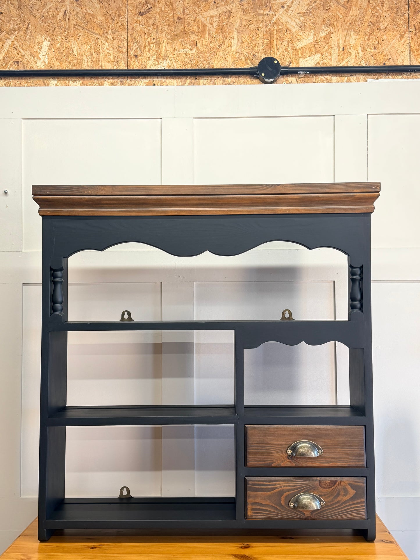 Restored Vintage Two-Tone Shelf Unit c/w drawers | Plate Rack – Frenchic Blackjack & Walnut coloured