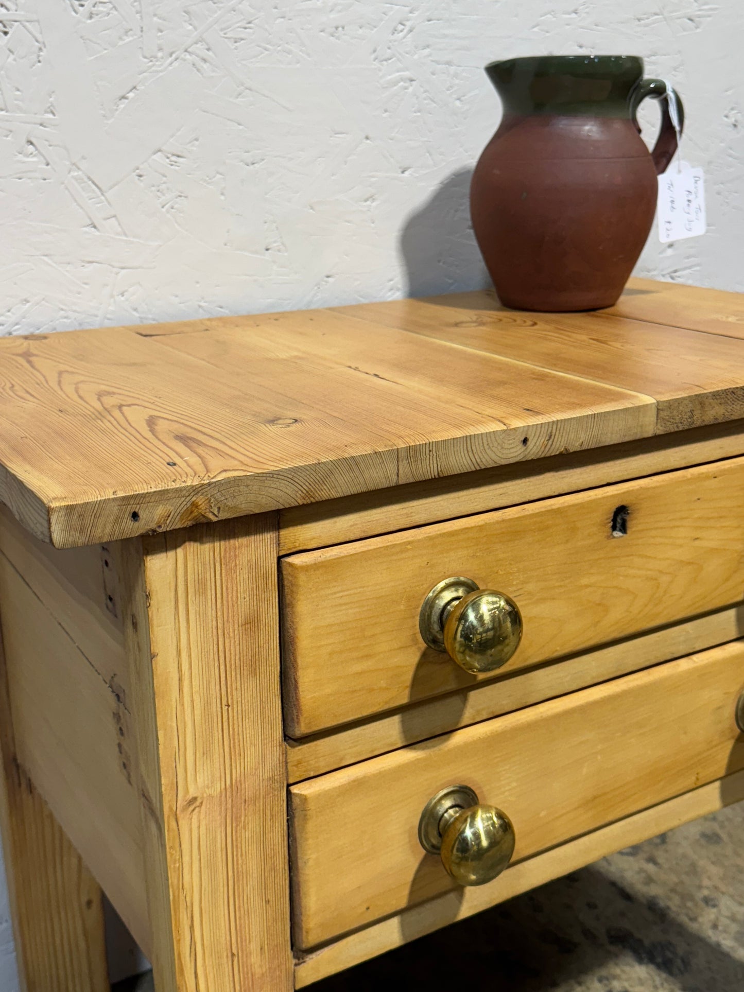 2 Drawer rustic pine table with brass handles