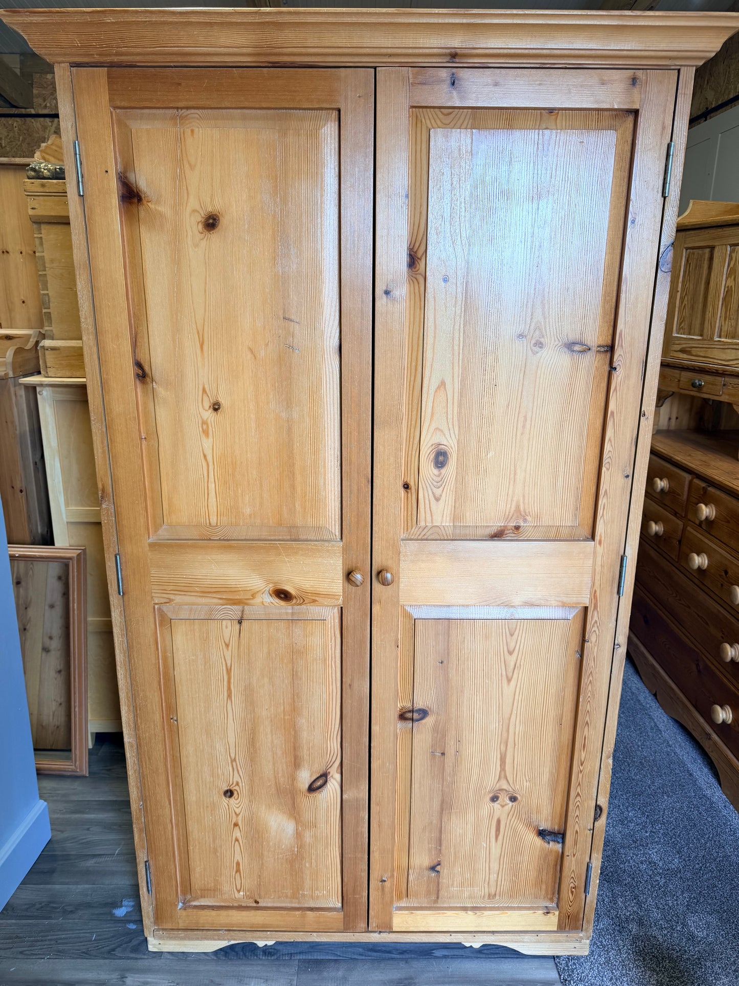 Antique rustic farmhouse style pine double wardrobe