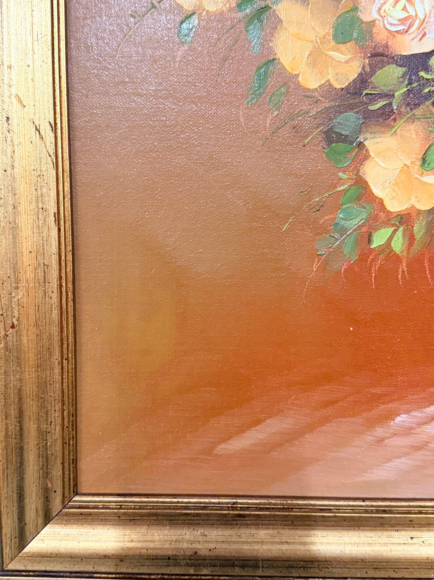 Floral vintage oil painting by Robert Cox signed on board in gilt style frame